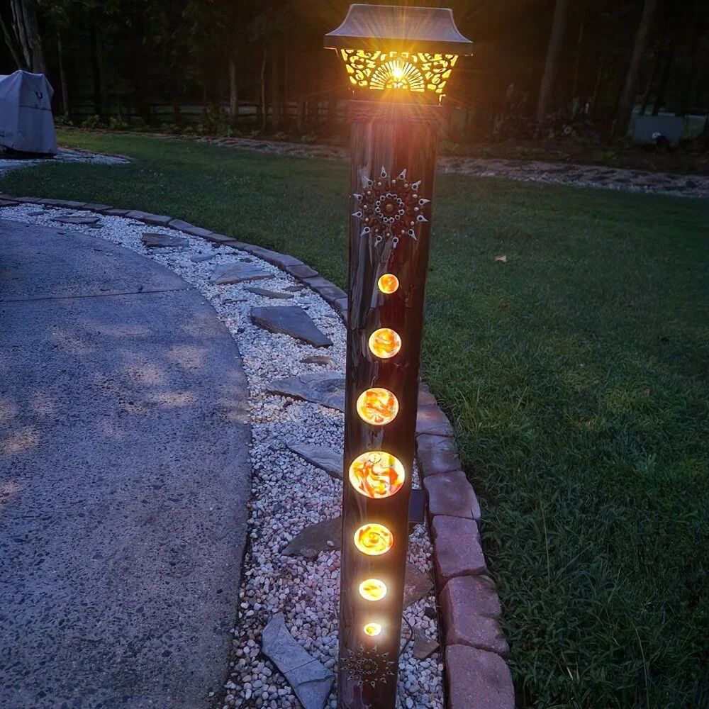 Garden Peace Pole Hand Painted w/ Solar Light Cap & Wire Stand Lighted 4 Sides